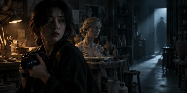 어두운 도예 작업실에서 카메라를 든 여성이 뒤를 경계하고, 미완성 흉상 너머 문가에 희미한 사람의 그림자가 서 있는 모습.