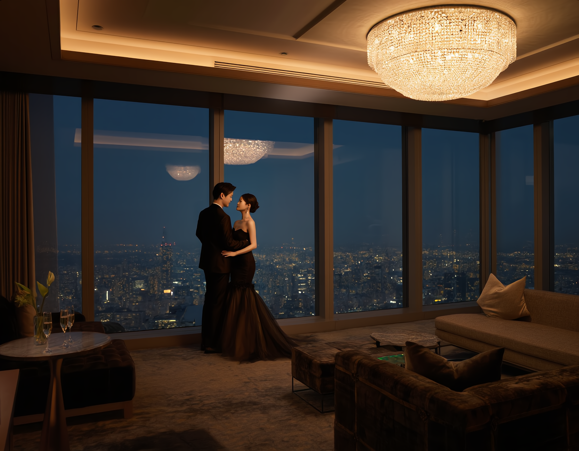고급스러운 호텔 객실의 넓은 창가에 서 있는 잘 차려입은 커플이 도시 야경을 감상하며 부드러운 미소를 나누는 모습. 크리스탈 샹들리에와 모던한 인테리어가 조화를 이루는 공간, 창밖으로는 고층 빌딩의 반짝이는 불빛과 밤하늘이 펼쳐져 있습니다. 따뜻한 앰비언트 라이트가 분위기를 더하며 벨벳 소파와 대리석 테이블 위에 놓인 샴페인 잔이 고급스러움을 강조합니다.