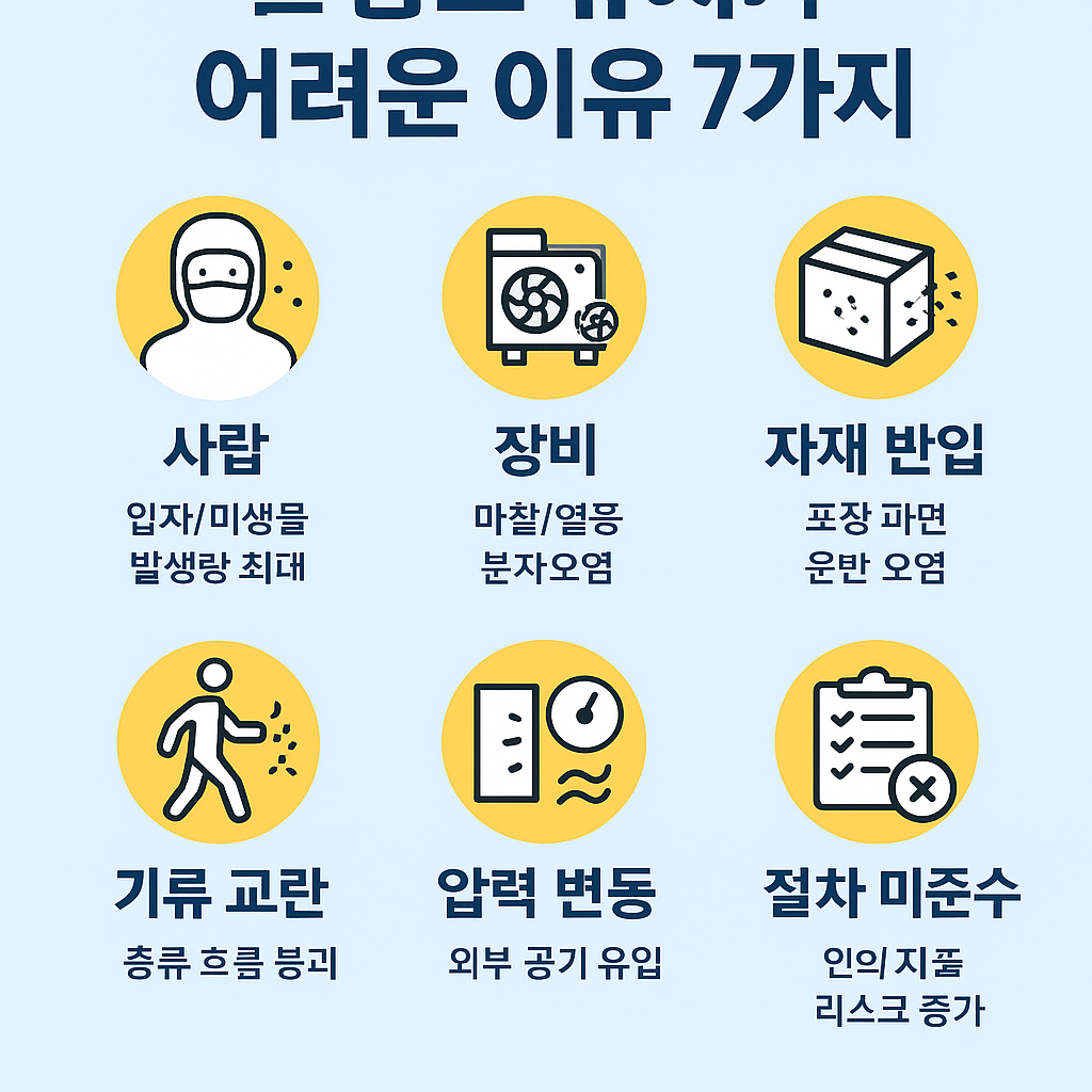 청정도 유지가 어려운 7가지 요인을 시각화한 인포그래픽 입니다.