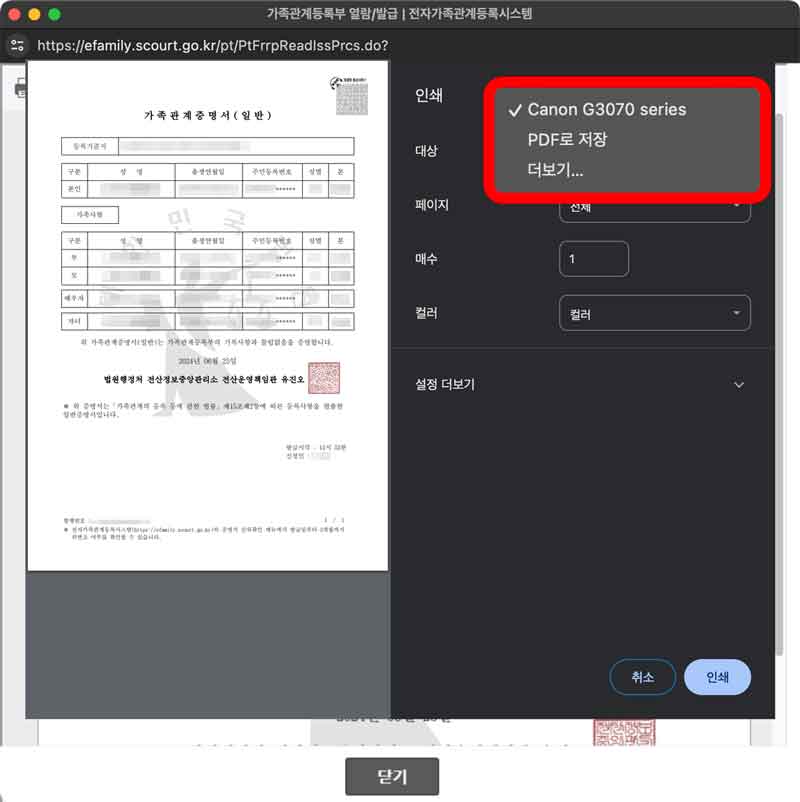 직접출력을 선택했을때의 발급화면