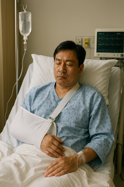 산재를 입고 병원에서 치료받는 근로자의 모습