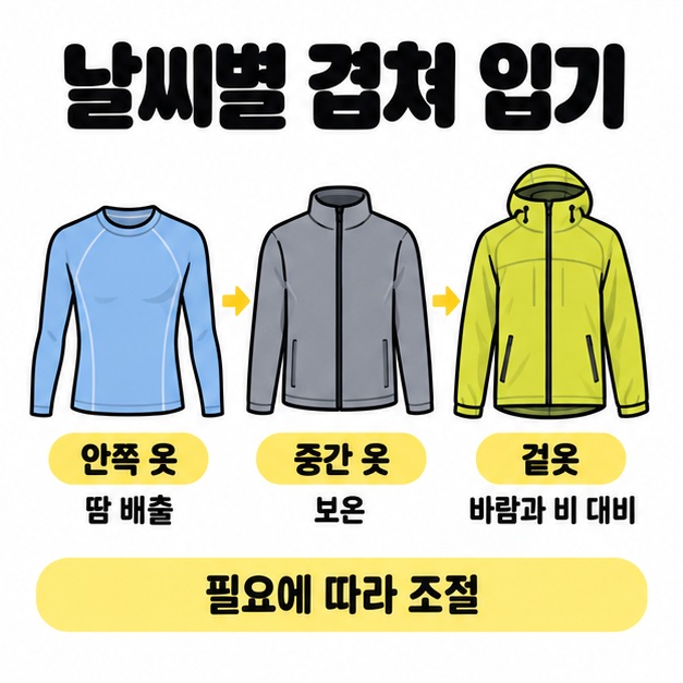 안쪽 옷의 땀 배출, 중간 옷의 보온, 겉옷의 바람과 비 대비 역할을 보여주며 필요에 따라 조절하도록 안내한 겹쳐 입기 도식