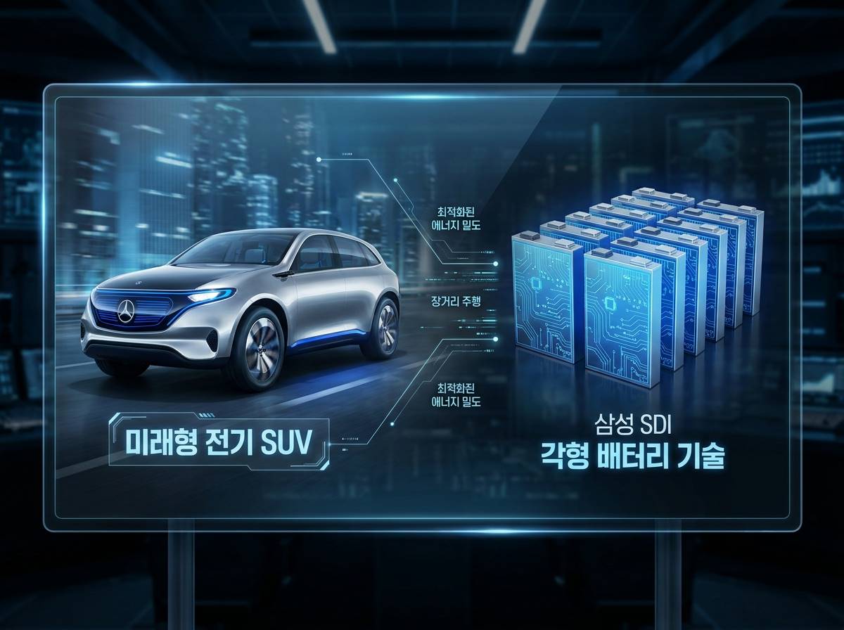 세련된 메르세데스-벤츠 전기 SUV와 삼성SDI의 각형 배터리 셀이 결합되는 미래지향적 인포그래픽
