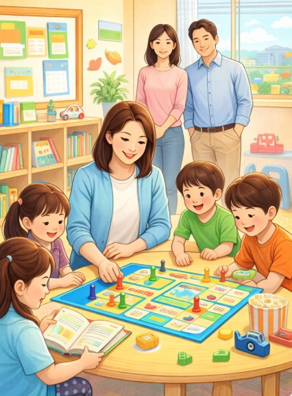 한국 초등학생들이 방과 후 교실에서 선생님과 함께 활동하는 모습과 뒤쪽에서 부모가 안심한 표정으로 아이를 바라보는 모습이 보이는 그림