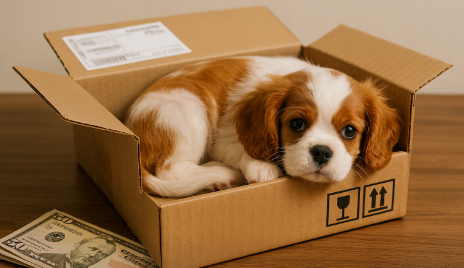 현금 위에 있는 박스 안의 강아지