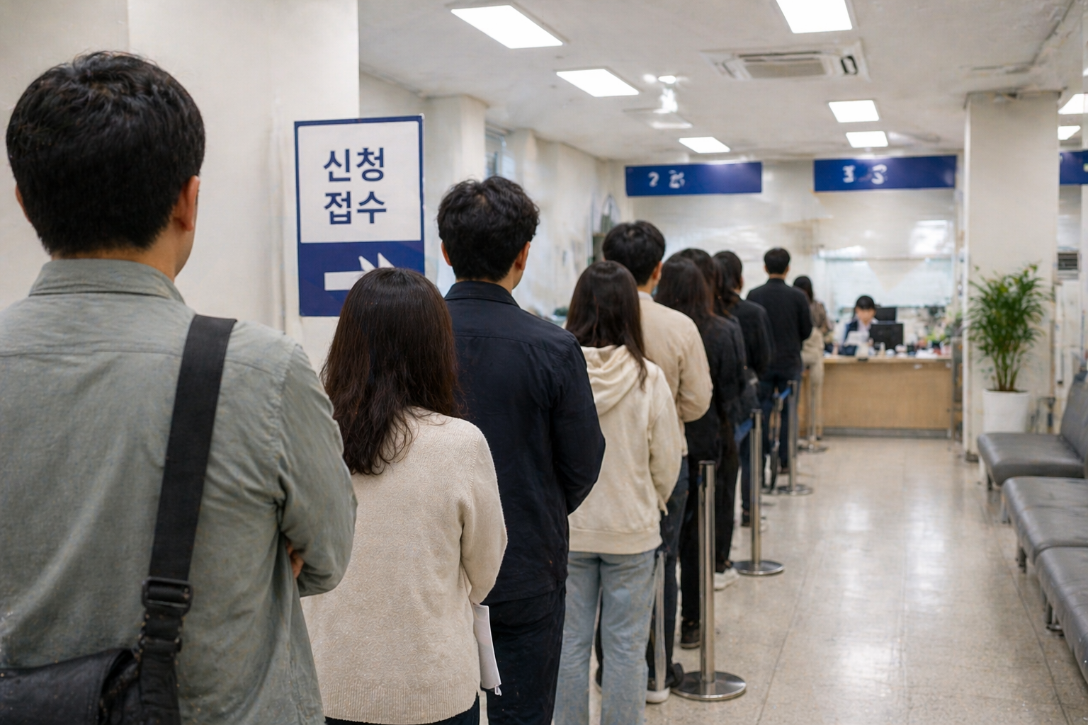 근로장려금 신청 접수 창구에서 줄을 서서 기다리는 사람들 모습