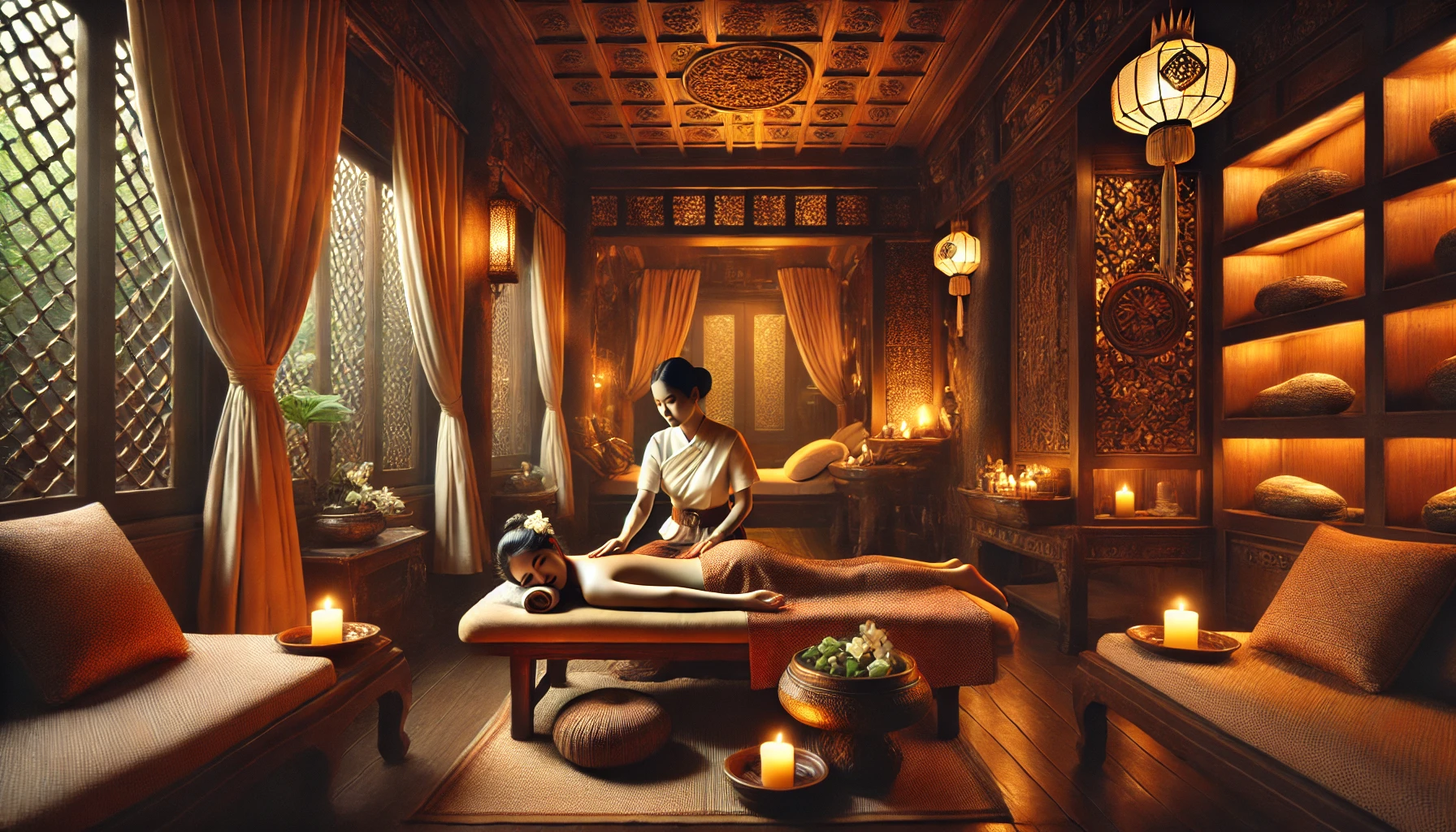 방콕의 전통 마사지 숍에서 편안하게 마사지를 받는 모습