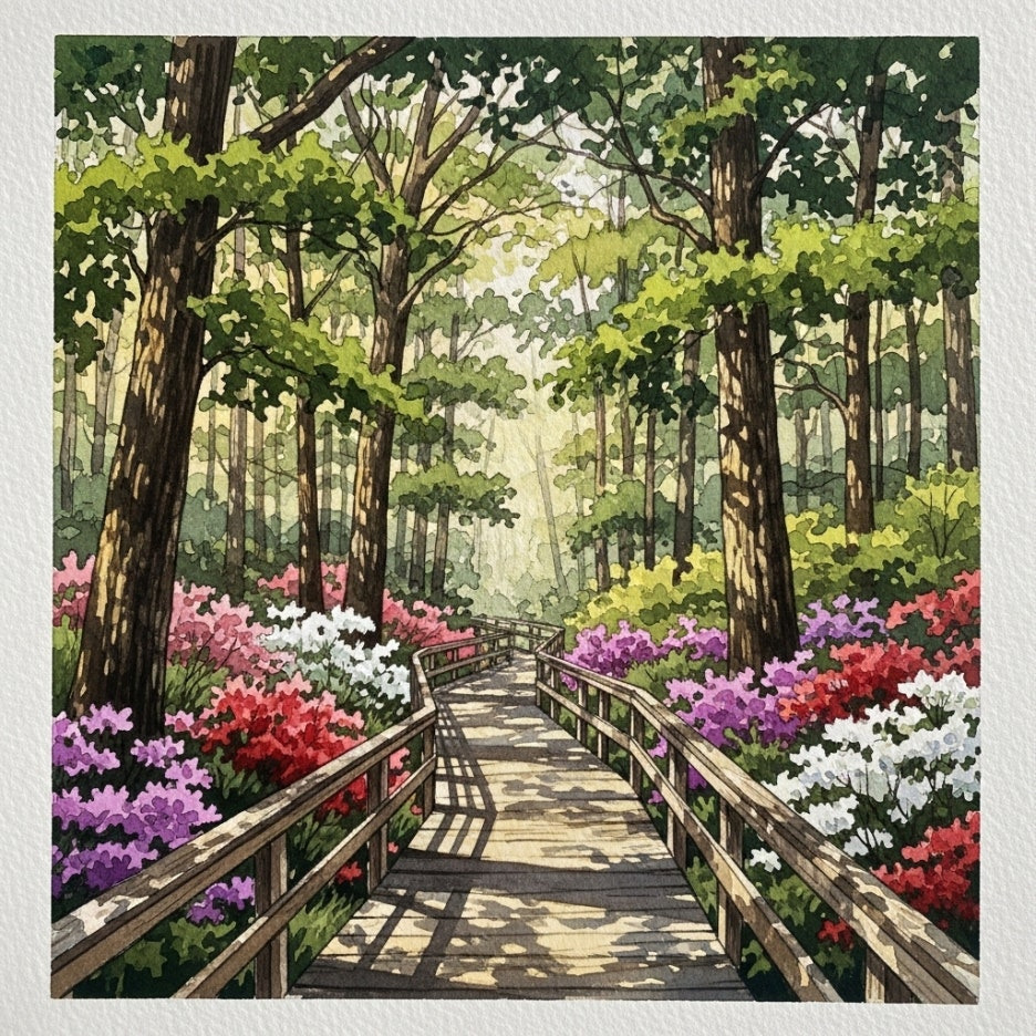 꽃들 사이로 이어지는 평화로운 산책로