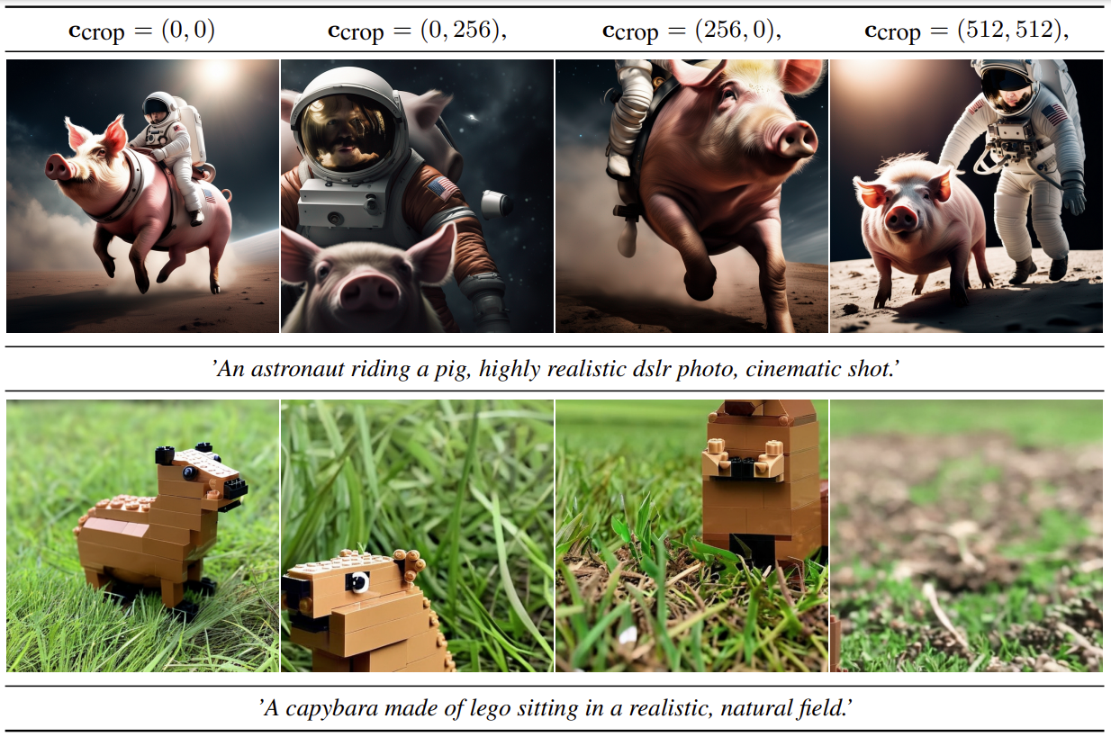 그림 5. 2.2절에서 논의한 크롭 조건부여 사례. 그림4와 그림14는 이 파라미터를 명시적으로 제어하지 않아 크롭 결함이 발생하는&nbsp; 경우입니다. 512x512 모델의 샘플은 2.5절을 참조하십시오.