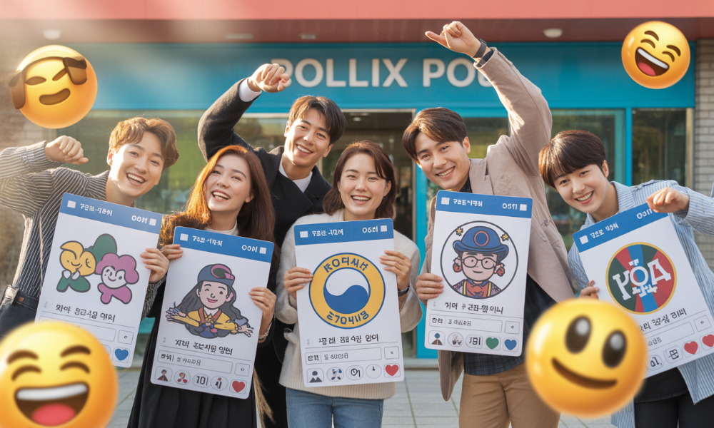 MZ세대가 투표 인증 용지를 들고 SNS에 투표를 독려하는 모습, 다양한 캐릭터와 팬덤 문화가 결합된 창의적인 투표 인증샷 트렌드를 보여줌