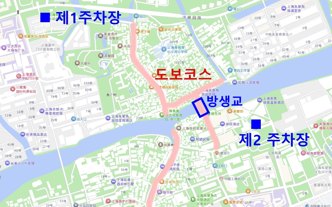 주자각 지도위에 분홍색 동선이 그려져 있다.