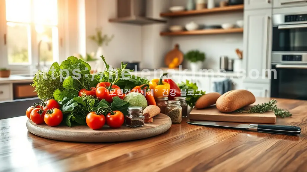 햇살이 비추는 깨끗한 주방 식탁 위에 다양한 종류의 식재료들이 놓여 있는 모습.