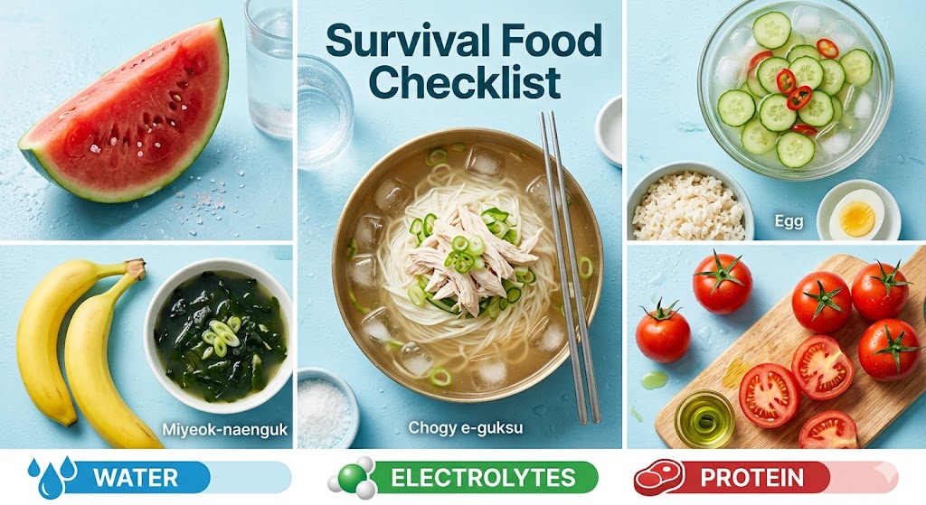 시원한 하늘색 배경 위에 깔끔하게 분할 배치된 여름철 열사병 예방 생존 음식(Survival Food) 체크리스트.
살얼음이 동동 뜬 초계국수를 중심으로 잘라진 수박, 미역냉국, 바나나, 오이냉국, 삶은 달걀, 방울토마토가 상큼하게 차려져 있습니다.
하단에는 물(Water), 전해질(Electrolytes), 단백질(Protein) 아이콘 레벨이 표시되어 영양학적 균형을 시각적으로 보여줍니다.