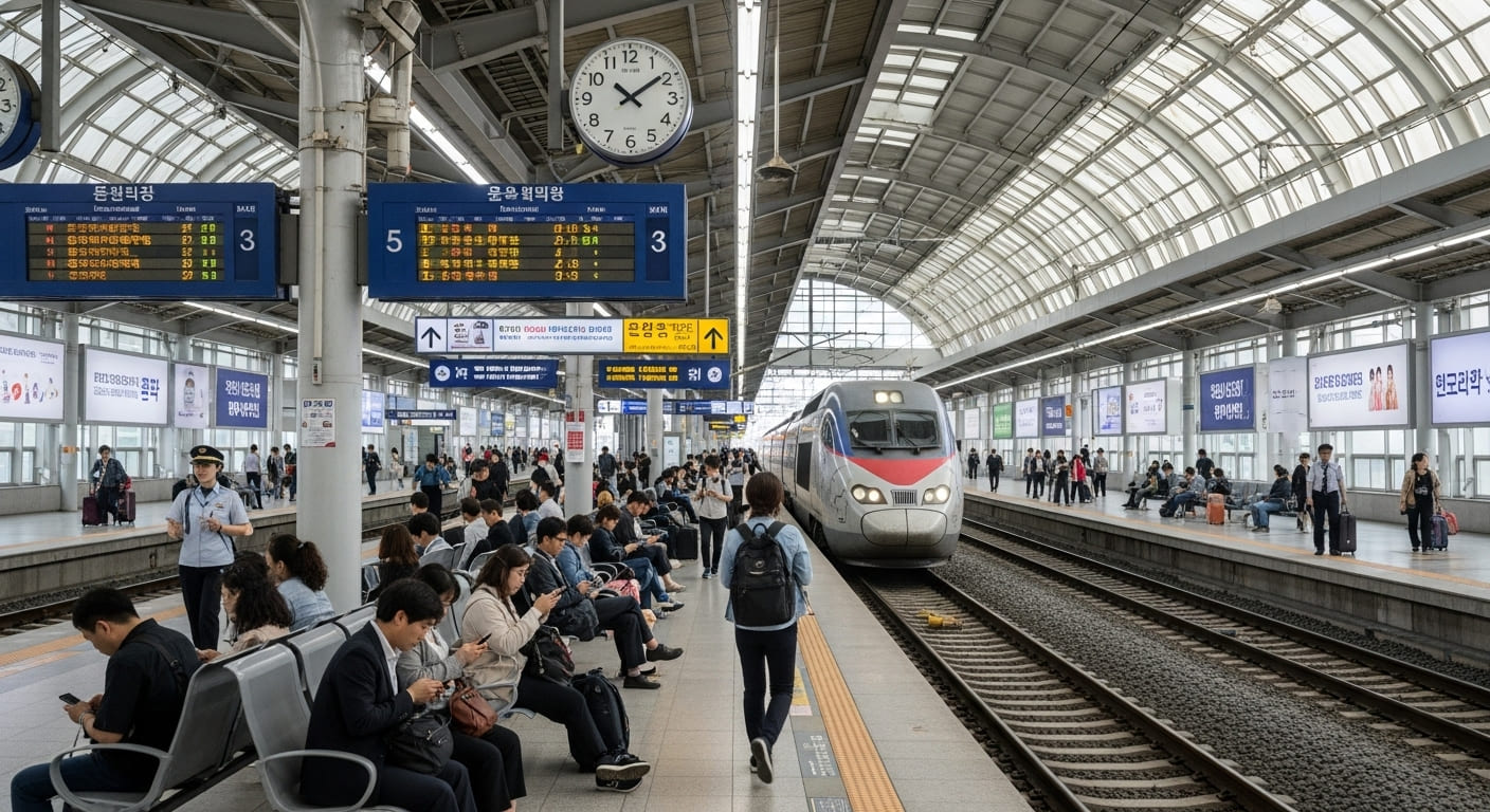 추석 귀성객으로 붐비는 기차역 대합실