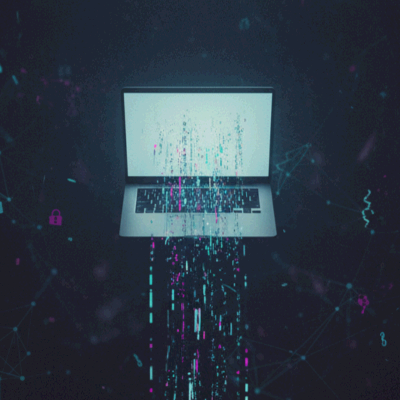 노트북 화면에서 디지털 데이터가 흘러나오는 듯한 모습. 사이버 보안 위협, 데이터 유출, 해킹 위험을 상징적으로 표현한 이미지.