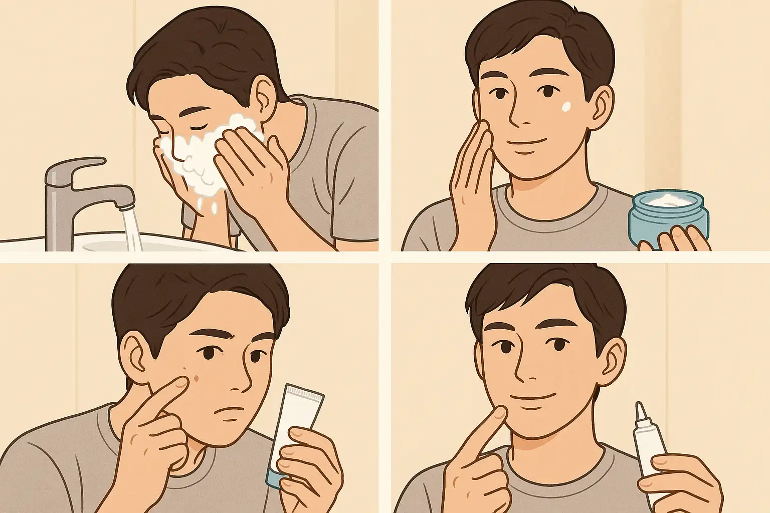 올바른 세안(미지근한 물, 순한 세안제), 수분 크림 보습, 살리실산·벤조일퍼옥사이드 제품을 사용하는 모습