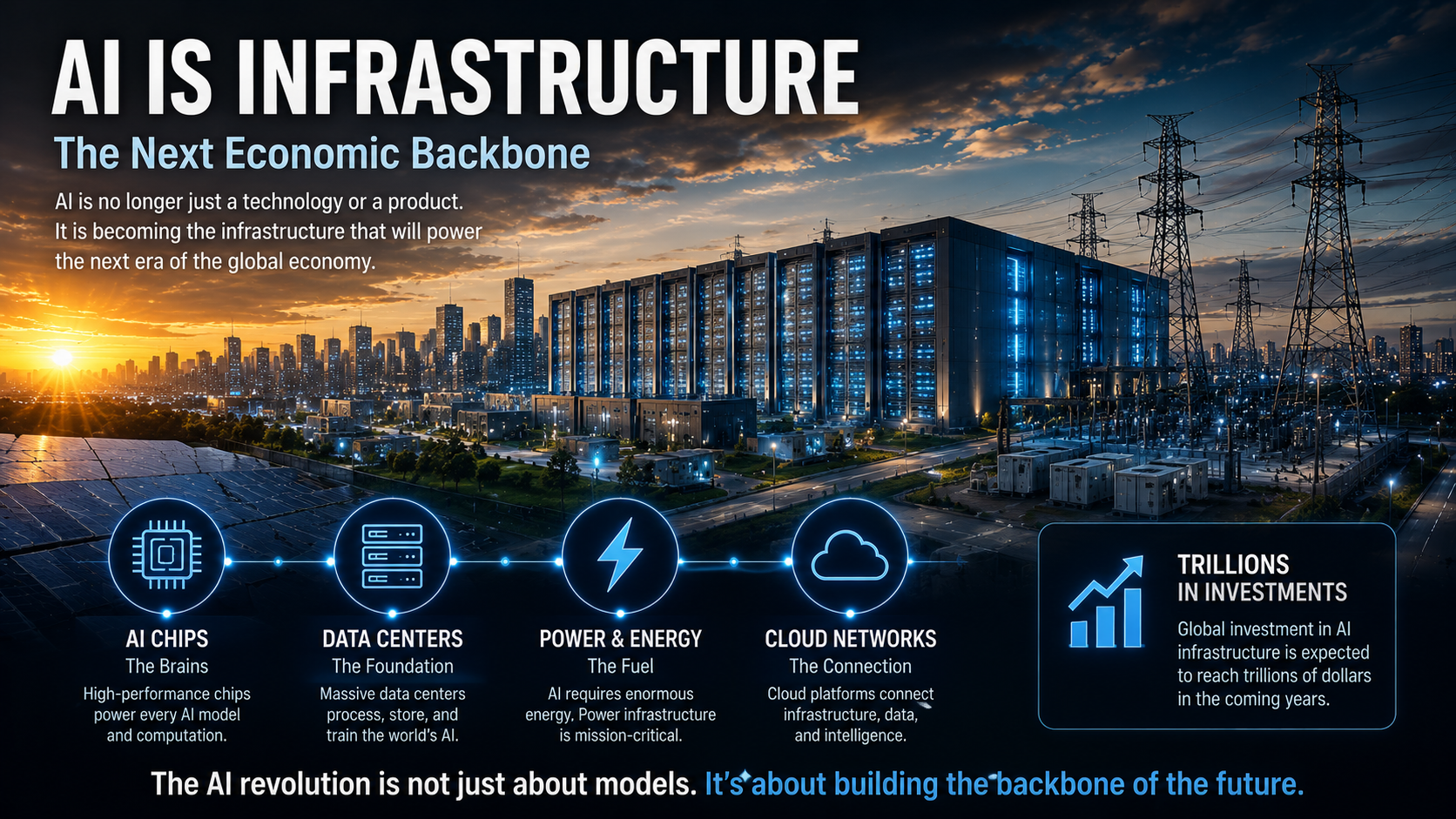 AI infrastructure including data centers, power systems, and cloud networks supporting a futuristic smart city.