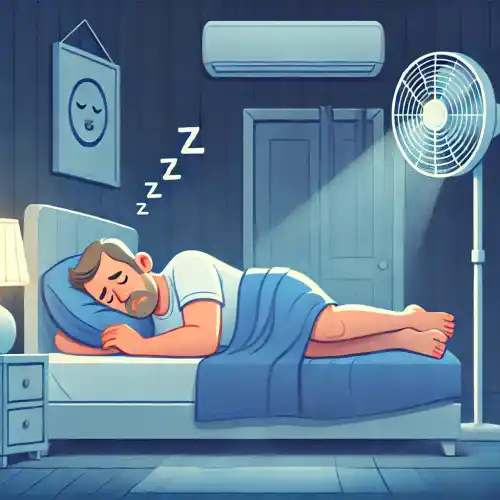 무더운 여름밤, 선풍기 바람 속에서 편안히 잠든 중년 남성