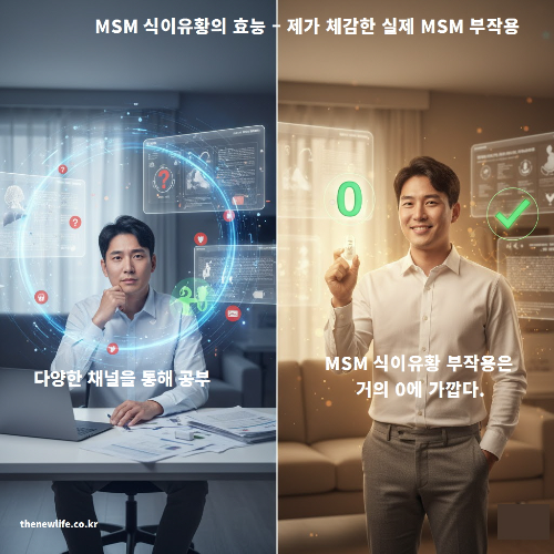 왼쪽에는 MSM 부작용에 대해 공부하는 남성이 노트북 앞에서 자료를 분석하는 모습, 오른쪽에는 MSM 보충제를 들고 미소 짓는 남성이 등장해 MSM 부작용이 거의 없음을 표현한 이미지.