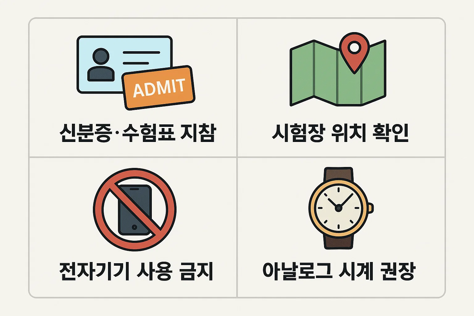 신분증&middot;수험표 지참, 시험장 위치 확인, 전자기기 사용 금지, 아날로그 시계 권장 등 공인중개사 시험 당일 반드시 확인해야 할 핵심 주의사항을 정리한 체크리스트 이미지
