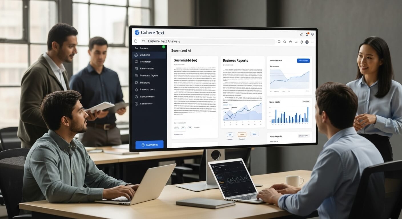 코히어 텍스트와 같은 기업용 AI 솔루션을 활용하여 비즈니스 보고서를 분석하는 사무실 풍경
