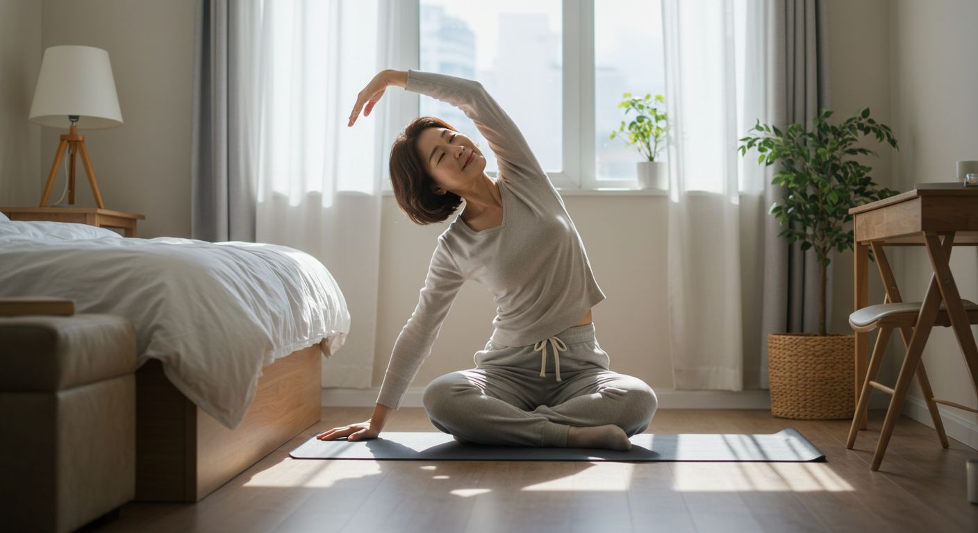 아침 햇살 속 스트레칭하는 중년 여성