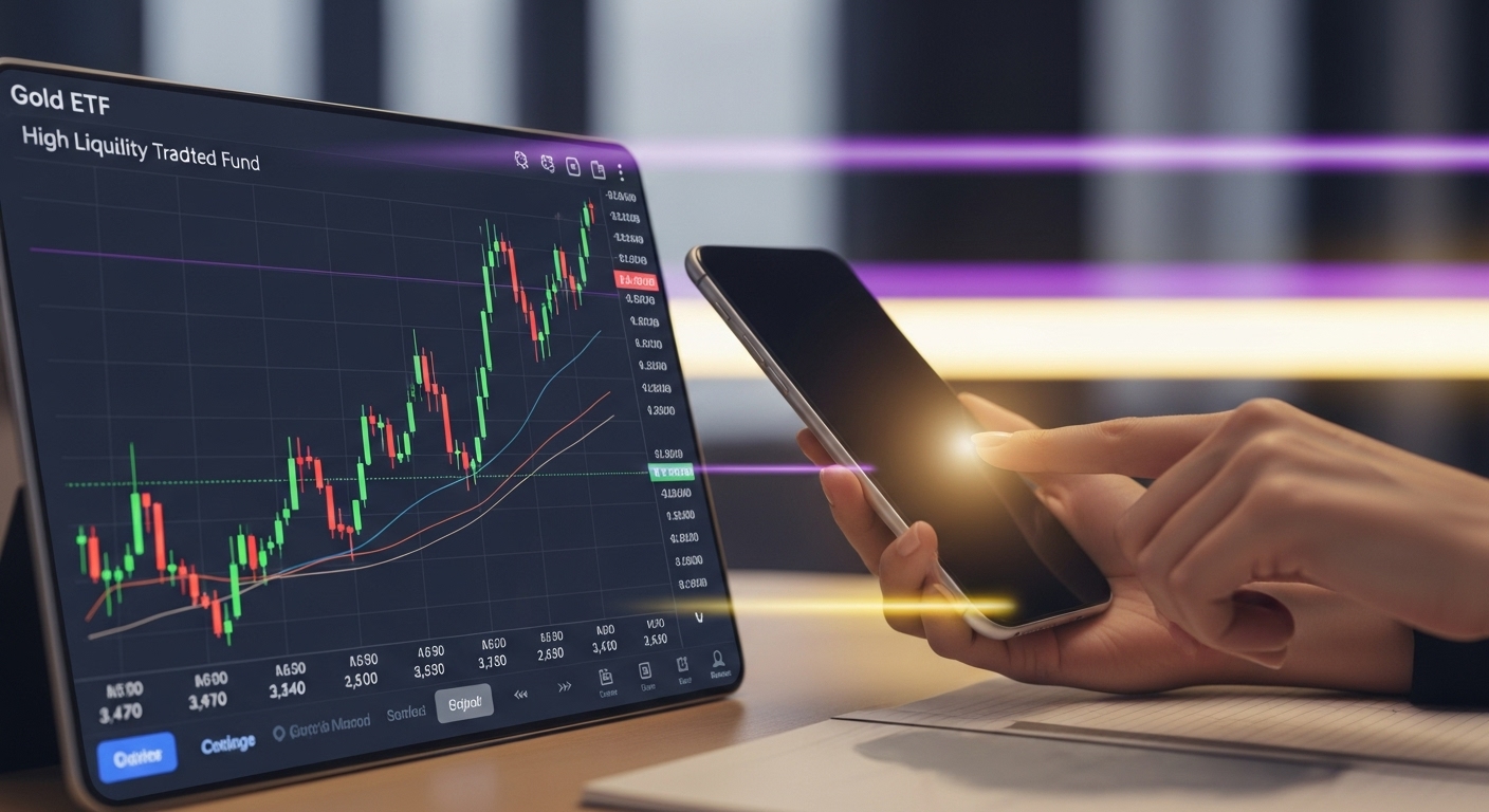 스마트폰 앱으로 금 ETF 주식 차트를 확인하는 모습, 디지털 금 투자의 편리함