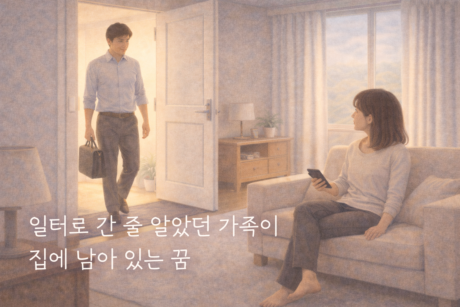 가방을 들고 집 안으로 들어오는 남성과 거실 소파에 앉아 그를 바라보는 여성이 있는 장면을 부드러운 색연필 질감으로 표현한 꿈해몽 썸네일