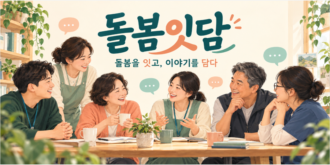 돌봄잇담 문구 아래 모여 이야기를 나누는 돌봄 종사자들의 일러스트