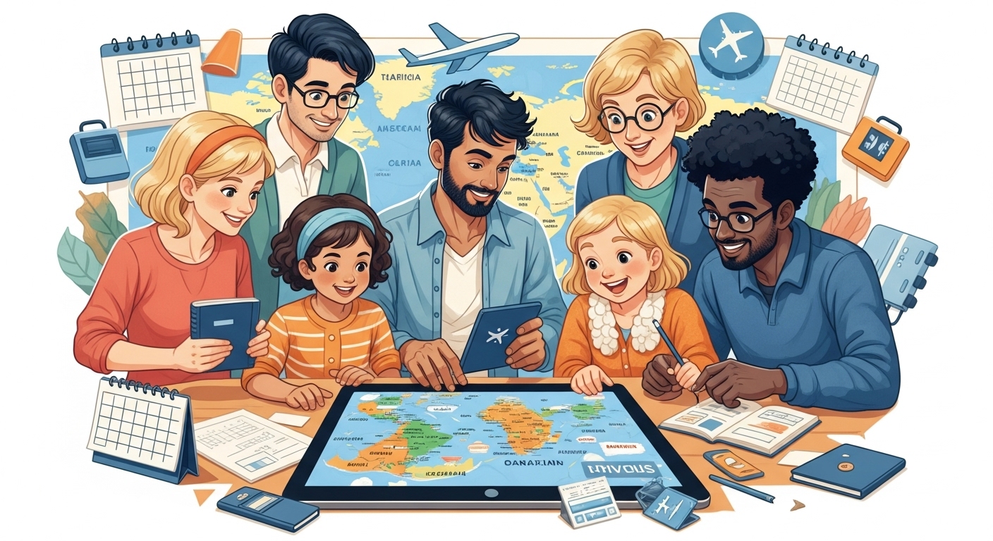 2026년 여행 계획을 세우는 다양한 연령대의 사람들이 세계지도와 달력을 보며 행복하게 대화하는 모습.