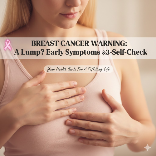 분홍색 리본 로고와 함께 여성이 가슴 부위를 손으로 짚으며 유방암 자가 검진을 하는 모습. 중앙에는 "BREAST CANCER WARNING: A Lump? Early Symptoms &amp; 3-Self-Check"라는 영문 텍스트가 적혀 있는 건강 정보 안내 이미지.