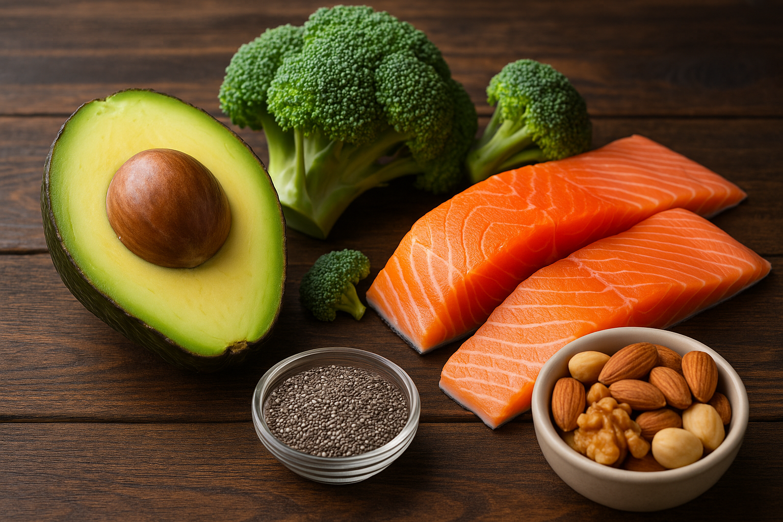 아보카도,견과류,연어,브로콜리같이 저탄수화물 다이어트에 도움이되는 음식재료 사진