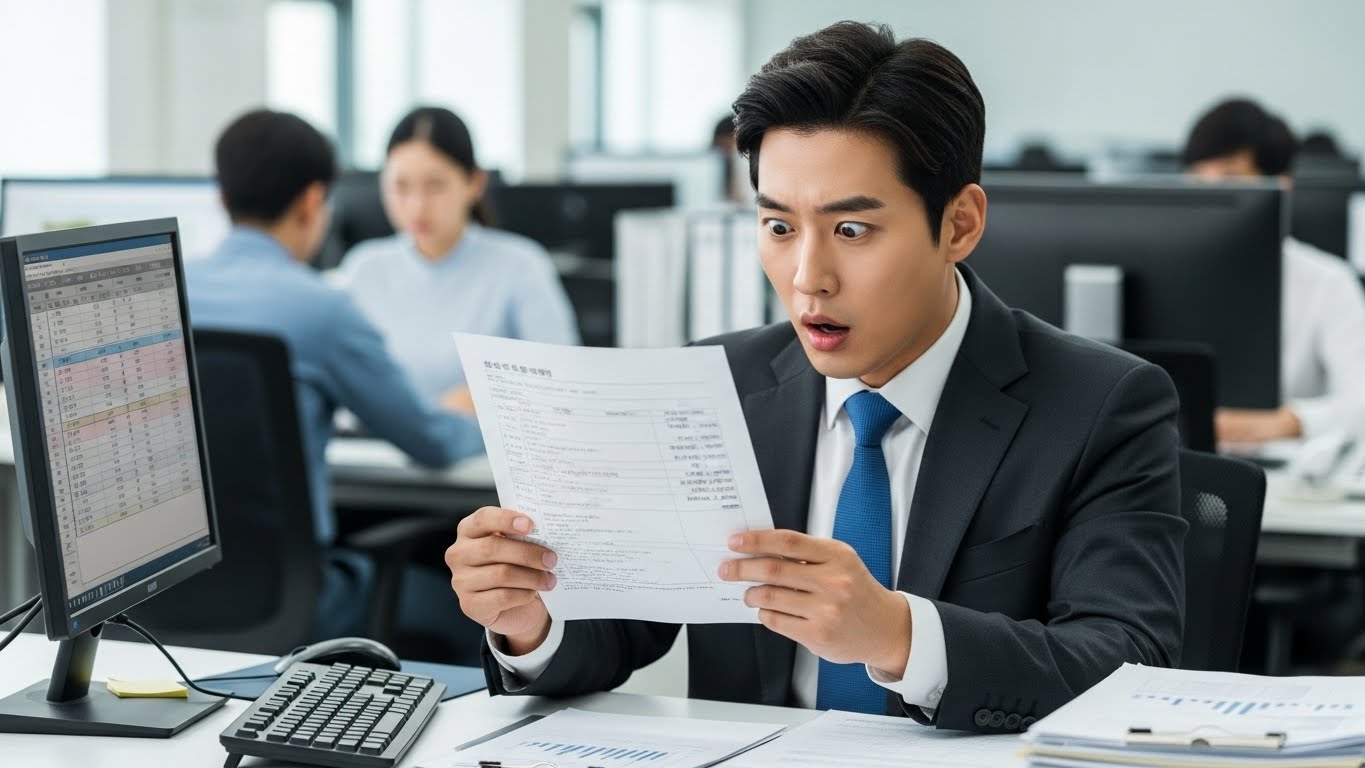 급여명세서에서 국민연금과 건강보험료 등 4대보험 공제 내역을 보고 놀라는 한국 남성