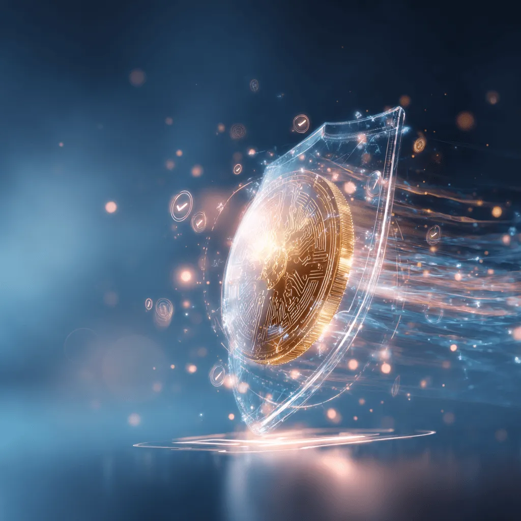 투명한 디지털 방패가 황금색 원화 코인을 보호하고 있으며&amp;#44; 방패 주변에 체크마크와 자물쇠 모양의 홀로그램 아이콘들이 떠있는 모습. 원화 스테이블 코인의 보안성&amp;#44; 소비자 보호 및 미래 성장 가능성을 상징적으로 표현한 이미지 (Security&amp;#44; Risk Management&amp;#44; Future Growth&amp;#44; Digital Currency Safety).