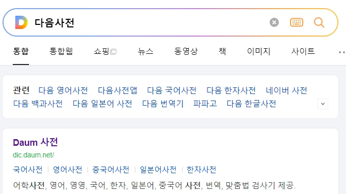 다음 사전 메인 화면에서 단어 검색을 준비하는 모습