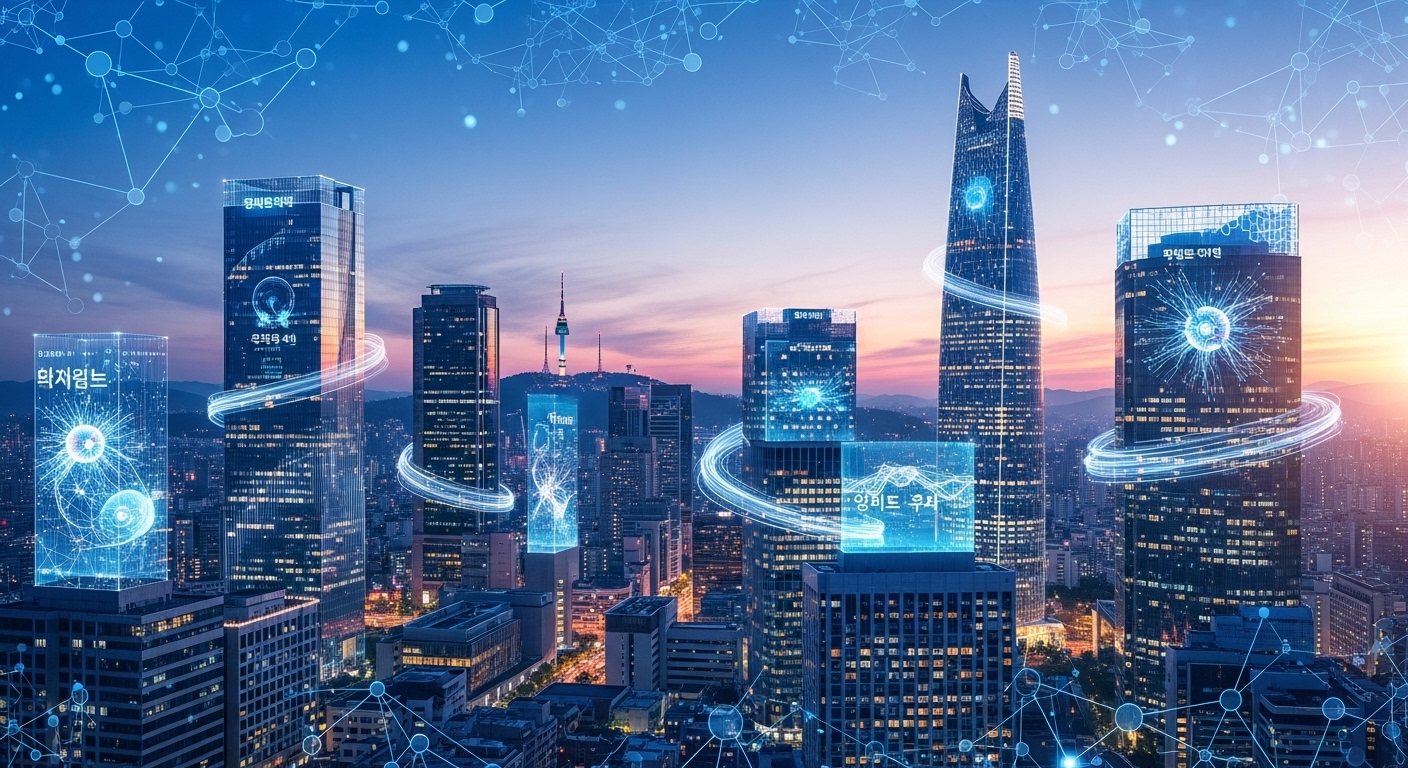 생성형 AI 기술이 한국 산업에 융합되어 발전하는 미래 서울의 역동적인 모습