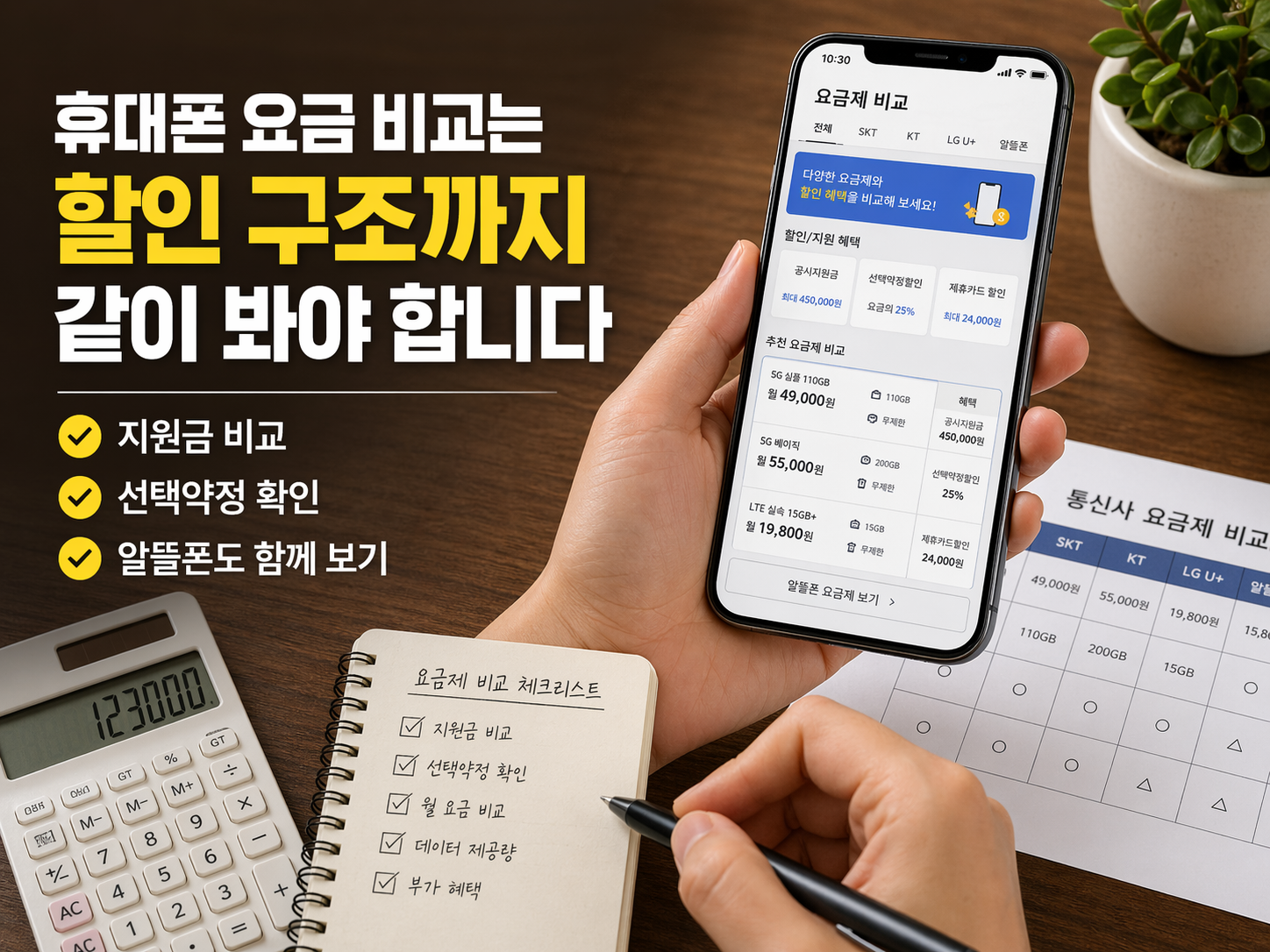 휴대폰 요금을 비교할 때 지원금, 선택약정, 알뜰폰 요금제를 함께 확인해 실제 월 통신비를 줄이는 방법을 설명하는 실전 점검표 이미지입니다.