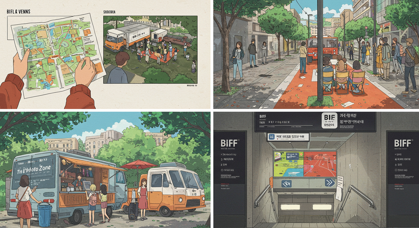 BIFF 현장을 즐기는 관람객들과 생활 팁 장면