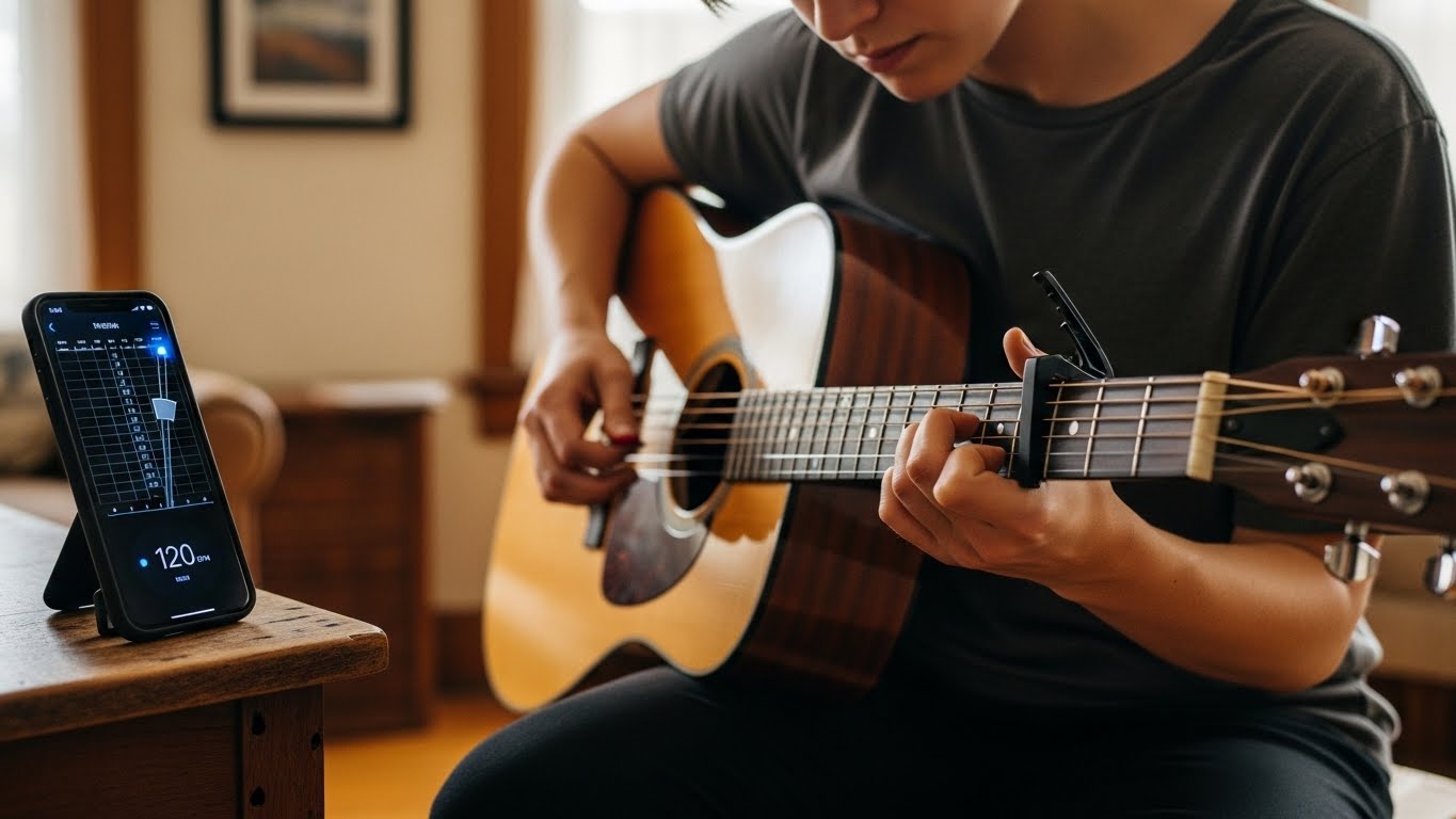 [이미지 #2: 메트로놈을 켜두고 크로매틱 연습을 하는 손가락 클로즈업]