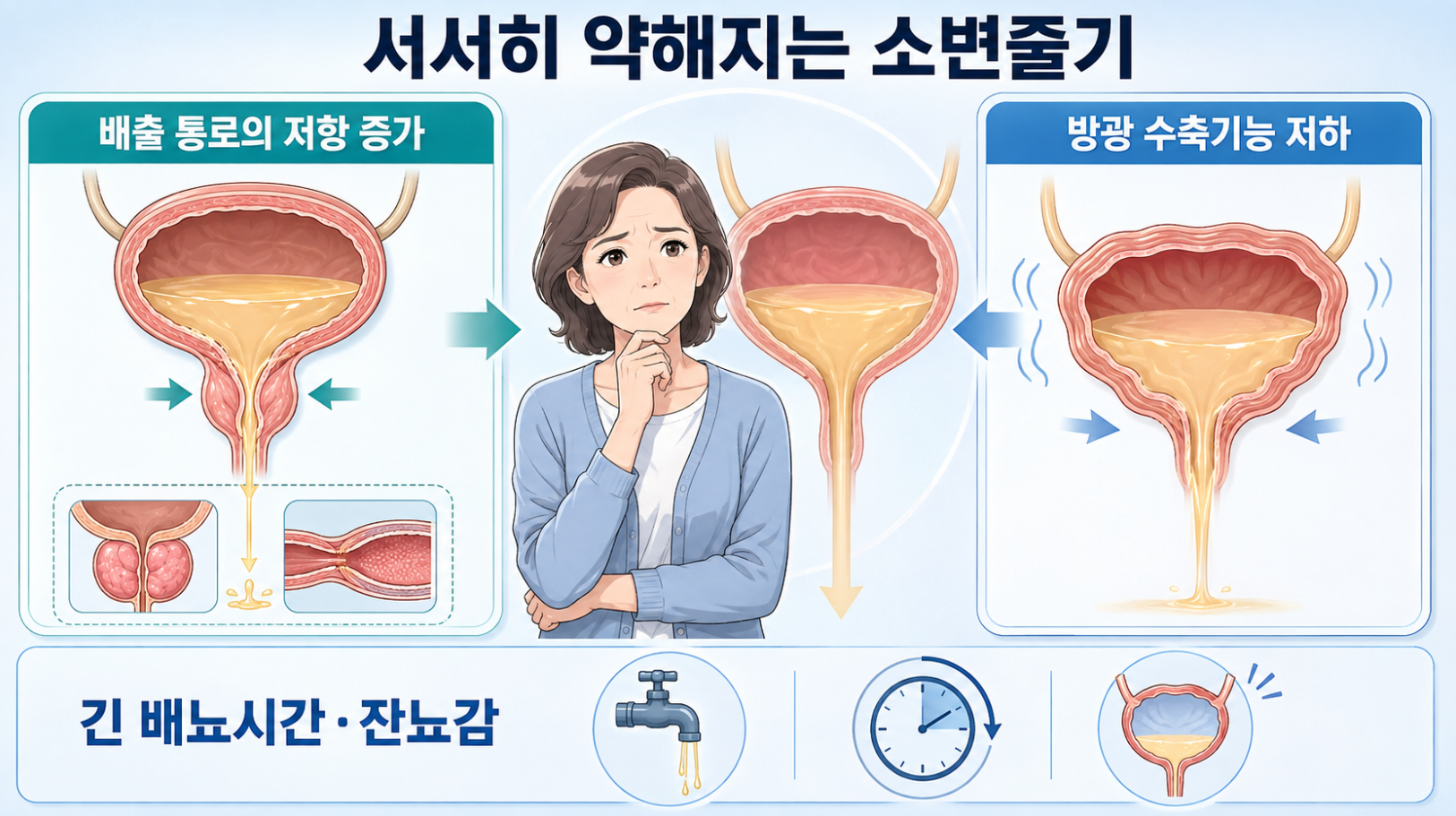 서서히 약해지는 소변줄기의 원인인 배출 통로 저항 증가와 방광 수축기능 저하