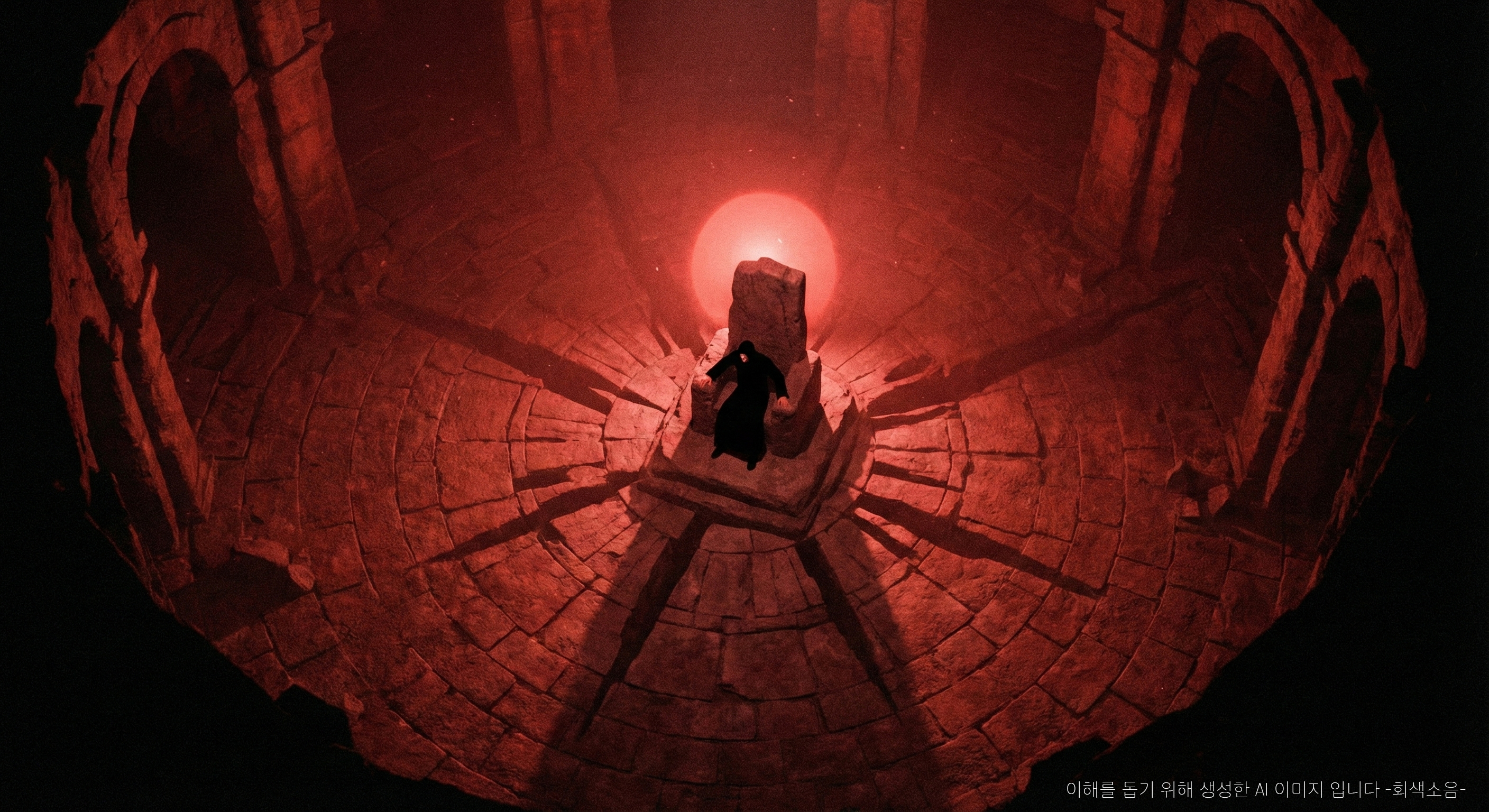 붉은 빛으로 물든 거대한 왕좌의 방을 위에서 내려다보며, 중앙에 작게 웅크린 왕의 실루엣과 길게 드리운 그림자가 압도적인 긴장감을 만드는 장면.