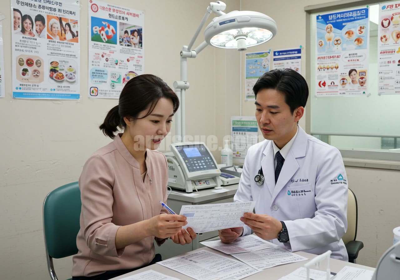 한국 여성이 병원 진료실에서 의사와 함께 암검진 항목 변경에 대해 상담하는 장면. 의사가 차트를 함께 보며 설명하고 있으며, 진료실은 포스터, 의료 장비, 책상 등으로 가득 채운 현실적인 상담 환경.