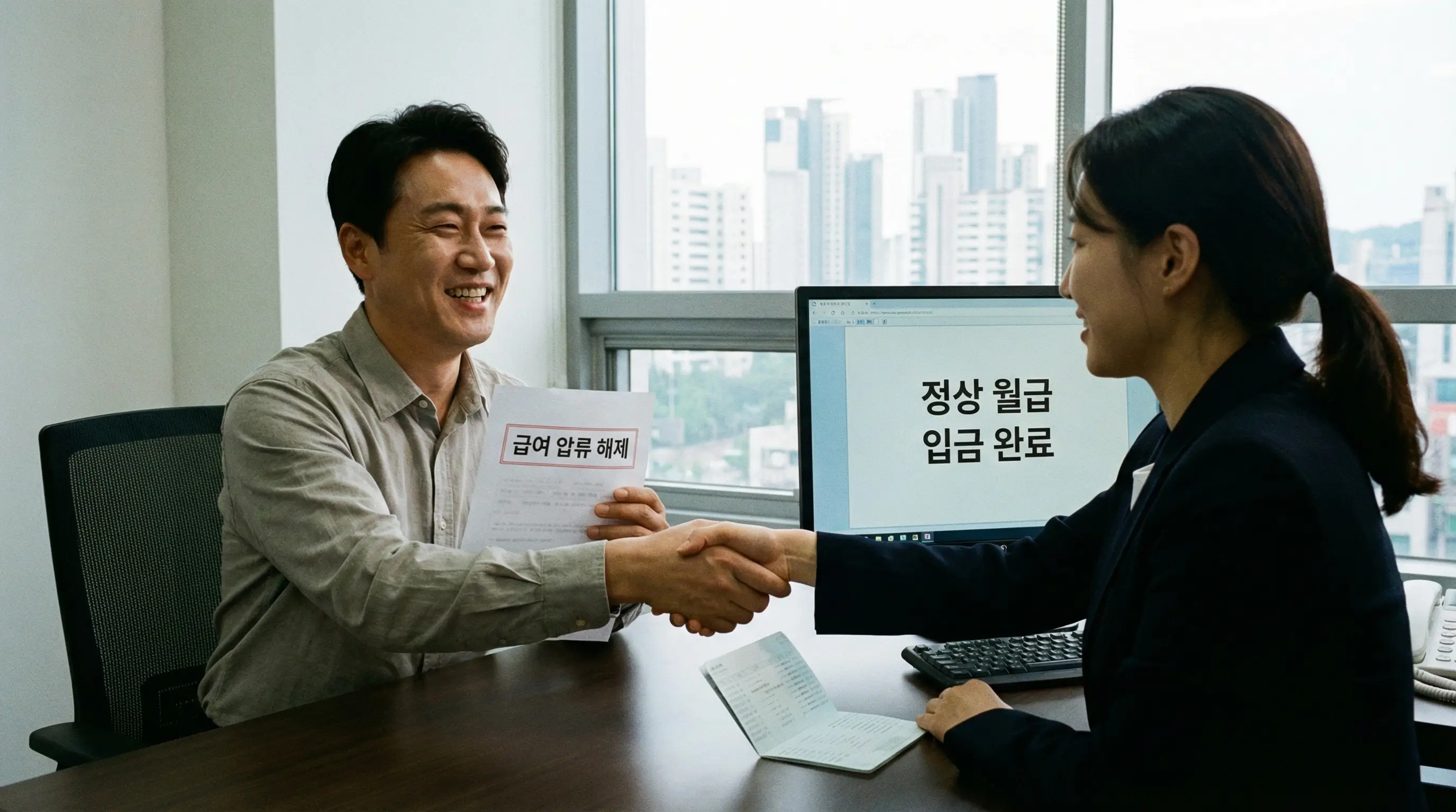 법률 전문가와 상담하여 급여 압류를 중지시키고 정상적인 월급을 수령하며 안도하는 모습