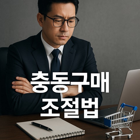 이런 충동구매라면 나쁘지 않다 포스팅의 썸네일 카드 이미지. 충동구매 조절법 이라는 텍스트와 고민하는듯한 남자가 있다