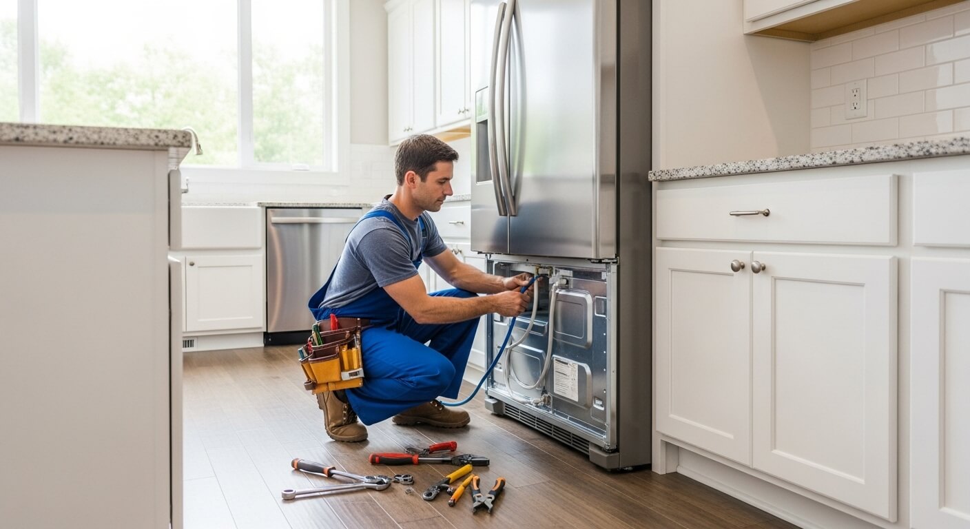 주방에서 냉장고 설치 작업 중인 기술자