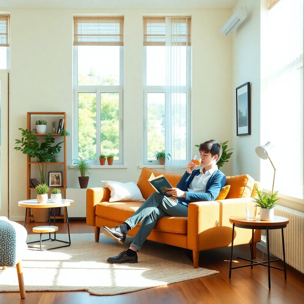 햇살이 잘 드는 깨끗하게 정리된 거실 또는 방. 소파에 앉아 편안하게 차를 마시거나 책을 읽고 있는 젊은 공무원의 모습. 벽에는 작은 화분이나 그림이 걸려 있어 생활의 여유를 시각화.