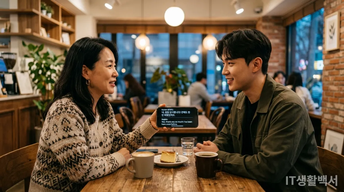 스마트폰 실시간 통역 기능을 사용해 대화하는 두 명의 한국인