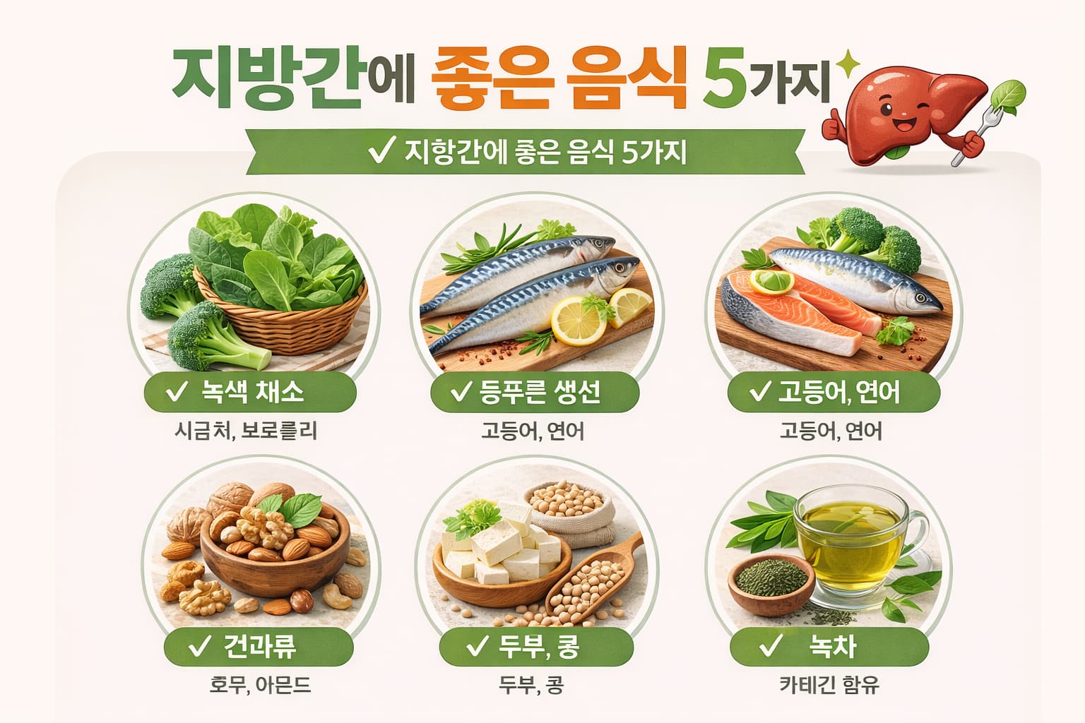지방간에 좋은 음식 5가지를 정리한 인포그래픽 이미지
