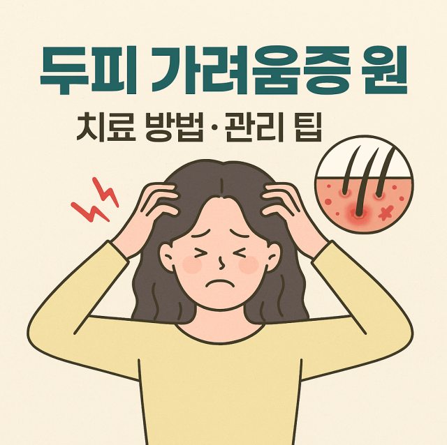 두피 가려움증의 원인과 치료 방법, 생활 속 관리 팁을 설명하는 대표 이미지로 두피 건강과 모발 관리의 중요성을 강조한 그림