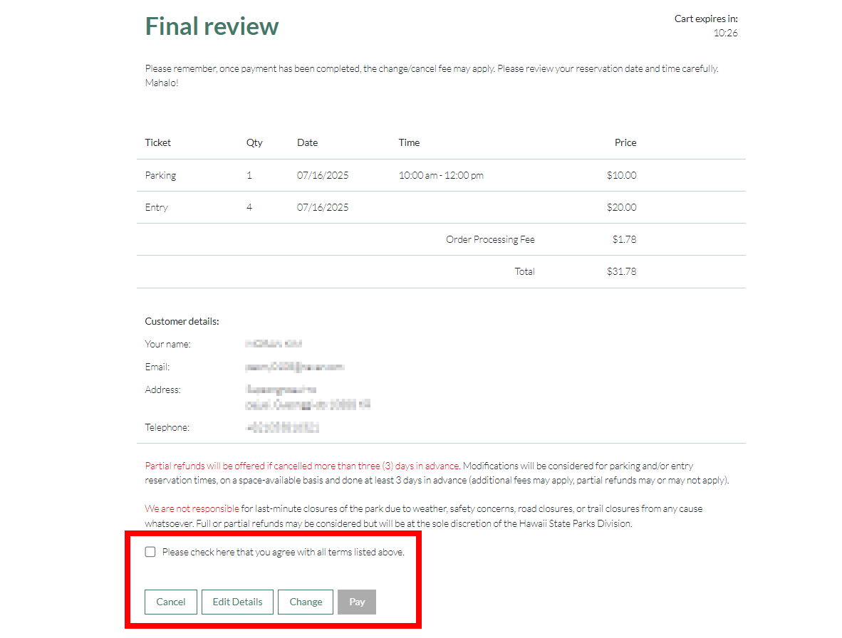 다이아몬드 헤드 공식홈페이지 예약자 정보 최종확인 화면